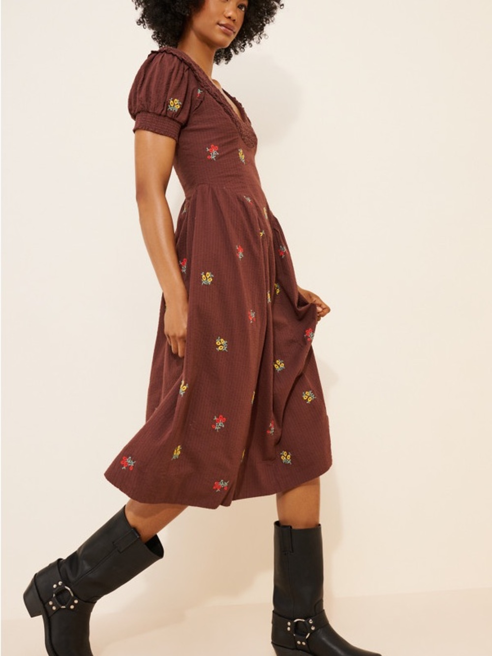 NWT Free People Maisie Midi Dress Chocolate Brown Embroidered Midi Dress